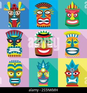 Bushmen mask icon set. Flat set of 9 bushmen mask vector icons for web ...