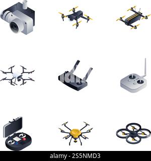 Drone toy icon set. Isometric set of 9 drone toy vector icons for web design isolated on white background. Drone toy icon set, isometric style Stock Vector