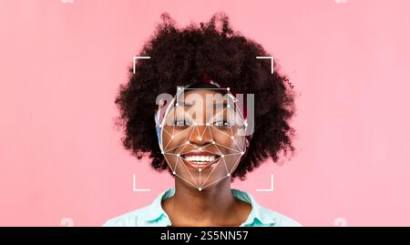 Facial recognition technology demonstrating identification on a smiling person Stock Photo