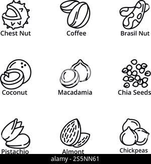Eco nuts icon set. Outline set of 9 eco nuts vector icons for web design isolated on white background. Eco nuts icon set, outline style Stock Vector