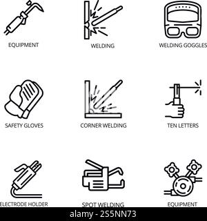 Welding tools icon set. Outline set of 9 welding tools vector icons for web design isolated on white background. Welding tools icon set, outline style Stock Vector