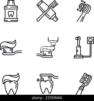 Toothbrush icon set. Outline set of 9 toothbrush vector icons for web design isolated on white background. Toothbrush icon set, outline style Stock Vector