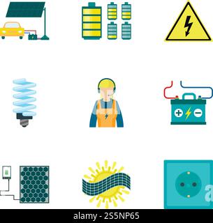 Solar energy icon set. Flat set of 9 solar energy vector icons for web design isolated on white background. Solar energy icon set, flat style Stock Vector