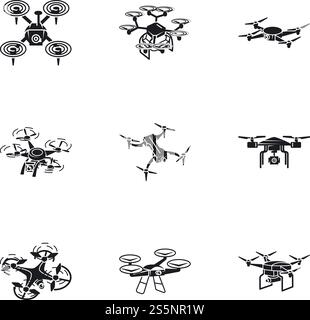 Quadrocopter icon set. Simple set of 9 quadrocopter vector icons for web design isolated on white background. Quadrocopter icon set, simple style Stock Vector
