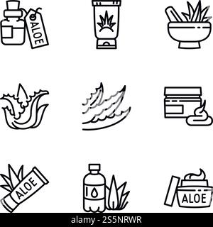 Organic aloe vera icon set. Outline set of 9 organic aloe vera vector icons for web design isolated on white background. Organic aloe vera icon set, outline style Stock Vector