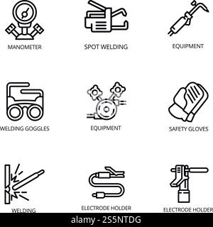 Welder tools icon set. Outline set of 9 welder tools vector icons for web design isolated on white background. Welder tools icon set, outline style Stock Vector