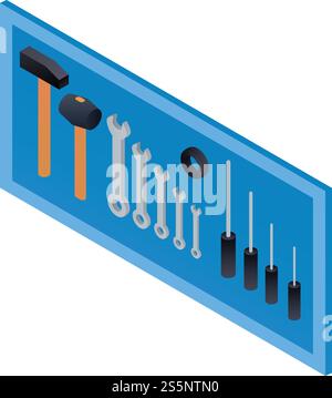 Carpenter tools on wall stand icon. Isometric of carpenter tools on wall stand vector icon for web design isolated on white background. Carpenter tools on wall stand icon, isometric style Stock Vector