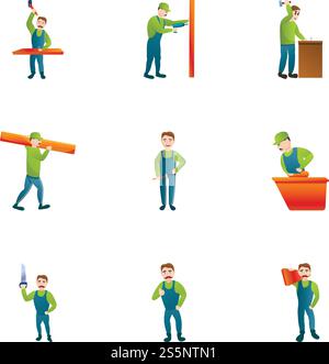 Modern carpenter icon set. Cartoon set of 9 modern carpenter vector icons for web design isolated on white background. Modern carpenter icon set, cartoon style Stock Vector