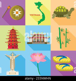 Vietnam country icon set. Flat set of 9 vietnam country vector icons for web design isolated on white background. Vietnam country icon set, flat style Stock Vector