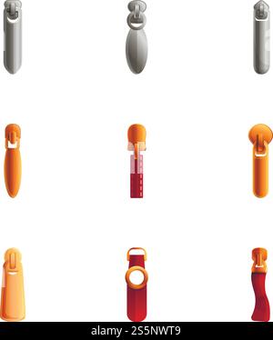 Fashion zipper icon set. Cartoon set of 9 fashion zipper vector icons for web design isolated on white background. Fashion zipper icon set, cartoon style Stock Vector