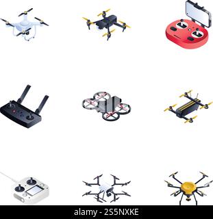 Modern drone icon set. Isometric set of 9 modern drone vector icons for web design isolated on white background. Modern drone icon set, isometric style Stock Vector