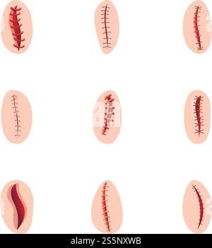 Surgery suture icon set. Cartoon set of 9 surgery suture vector icons for web design isolated on white background. Surgery suture icon set, cartoon style Stock Vector