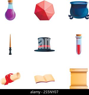 Wizard objects icon set. Cartoon set of 9 wizard objects vector icons for web design isolated on white background. Wizard objects icon set, cartoon style Stock Vector