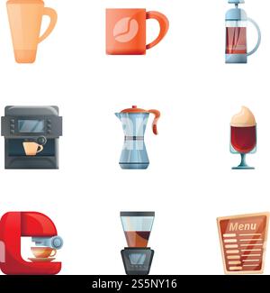 Barista coffee equipment icon set. Cartoon set of 9 barista coffee equipment vector icons for web design isolated on white background. Barista coffee equipment icon set, cartoon style Stock Vector