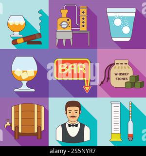 Whiskey production icon set. Flat set of 9 whiskey production vector icons for web design isolated on white background. Whiskey production icon set, flat style Stock Vector