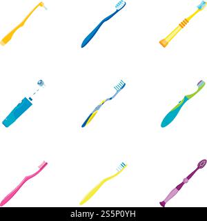 Rubber toothbrush icon set. Flat set of 9 rubber toothbrush vector icons for web design isolated on white background. Rubber toothbrush icon set, flat style Stock Vector