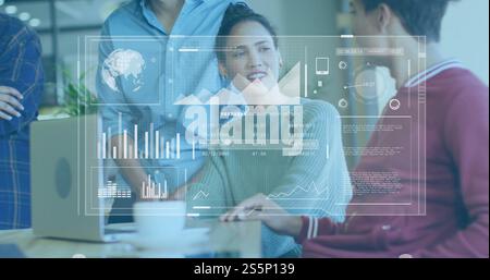 Image of charts processing data over happy diverse colleagues discussing at casual office Stock Photo
