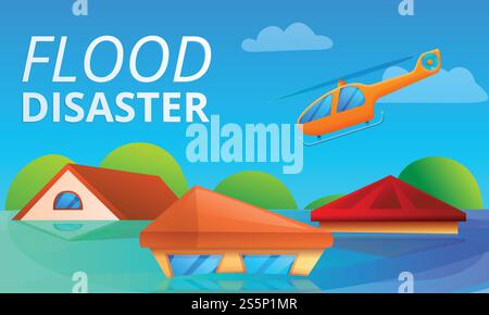 Water flood disaster concept banner. Flat illustration of water flood ...