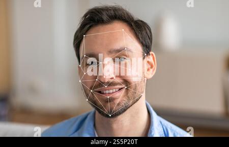 Facial recognition technology demonstrating identification system on a man Stock Photo