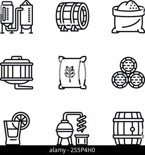 Whiskey preparation icon set. Outline set of 9 whiskey preparation vector icons for web design isolated on white background. Whiskey preparation icon set, outline style Stock Vector