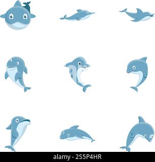 Sea dolphin icon set. Cartoon set of 9 sea dolphin vector icons for web design isolated on white background. Sea dolphin icon set, cartoon style Stock Vector