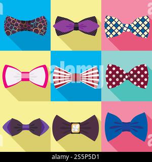 Texture bow tie icon set. Flat set of 9 texture bow tie vector icons for web design isolated on white background. Texture bow tie icon set, flat style Stock Vector