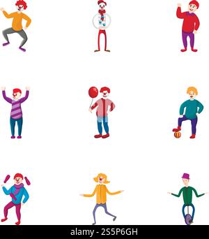 Circus arena clown icon set. Cartoon set of 9 circus arena clown vector icons for web design isolated on white background. Circus arena clown icon set, cartoon style Stock Vector
