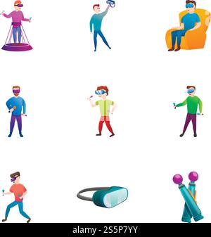 Smart vr goggles icon set. Cartoon set of 9 smart vr goggles vector icons for web design isolated on white background. Smart vr goggles icon set, cartoon style Stock Vector