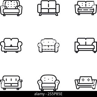 Home sofa icon set. Outline set of 9 home sofa vector icons for web design isolated on white background. Home sofa icon set, outline style Stock Vector