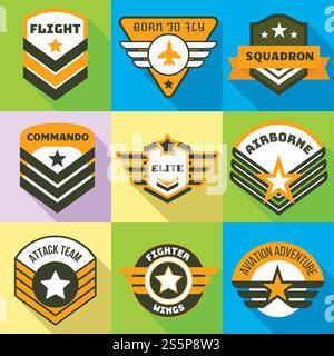 Attack team logo set. Flat set of 9 attack team vector logo for web design isolated on white background. Attack team logo set, flat style Stock Vector