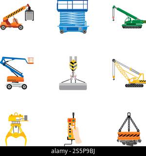 Industrial lift machine icon set. Flat set of 9 industrial lift machine vector icons for web design isolated on white background. Industrial lift machine icon set, flat style Stock Vector