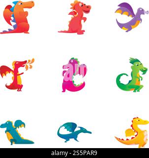 Funny dragons icon set. Cartoon set of 9 funny dragons vector icons for web design isolated on white background. Funny dragons icon set, cartoon style Stock Vector