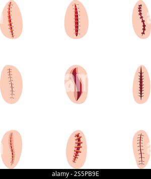 Surgical suture icon set. Cartoon set of 9 surgical suture vector icons for web design isolated on white background. Surgical suture icon set, cartoon style Stock Vector