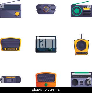 Broadcast radio icon set. Cartoon set of 9 broadcast radio vector icons for web design isolated on white background. Broadcast radio icon set, cartoon style Stock Vector