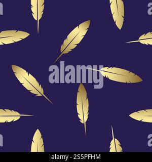 Floating Gold Feathers on a Blue Backdrop – Seamless Pattern Stock Vector