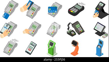 Bank terminal icons set. Isometric set of bank terminal vector icons for web design isolated on white background. Bank terminal icons set, isometric style Stock Vector