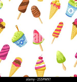 Ice cream with different tastes and shapes tasty food refreshing in summer vector watermelon and chocolate flavour cherry and kiwi yummy meal on stick frozen milk and ingredients sweet fruits. Ice cream with different tastes and shapes tasty food Stock Vector