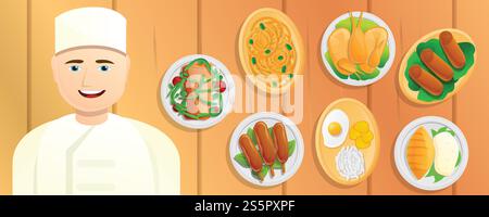 Thai food cooker concept banner. Cartoon illustration of thai food cooker vector concept banner for web design. Thai food cooker concept banner, cartoon style Stock Vector