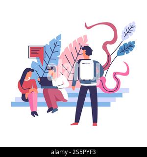Blogger man and woman typing on laptop chatting people vector online network for users with computers and modern devices gadgets with internet foliage and leaves, bubble icons decoration. Blogger man and woman typing on laptop chatting people Stock Vector