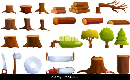 Deforestation icons set. Cartoon set of deforestation vector icons for web design. Deforestation icons set, cartoon style Stock Vector