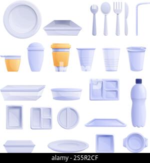 Plastic tableware icons set. Cartoon set of plastic tableware vector icons for web design. Plastic tableware icons set, cartoon style Stock Vector