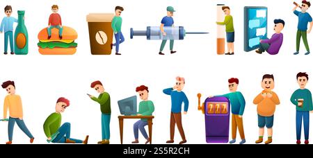 Addiction icons set. Cartoon set of addiction vector icons for web design. Addiction icons set, cartoon style Stock Vector
