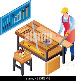 Carpenter working concept background. Isometric illustration of carpenter working vector concept background for web design. Carpenter working concept background, isometric style Stock Vector