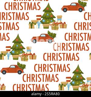 Merry Christmas winter holiday celebration and preparation seamless pattern isolated on white background. Car and scooter driving with presents vector. Pine decorated with balls and garlands. Merry Christmas winter holiday celebration and preparation seamless pattern isolated on white background. Stock Vector