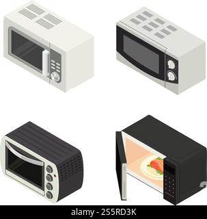 Microwave icons set. Isometric set of microwave vector icons for web design isolated on white background. Microwave icons set, isometric style Stock Vector