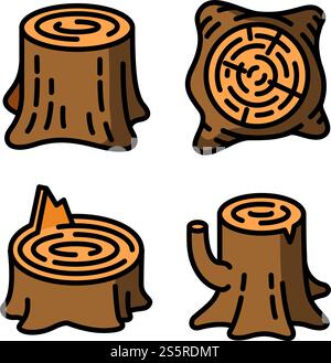 Stumps icons set. Outline set of stumps vector icons for web design isolated on white background. Stumps icons set, outline style Stock Vector