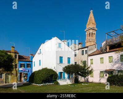 Houses and the leaning bell tower in Burano, near Venice, Italy Stock Photo