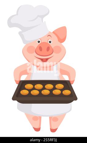 Pig chef wearing hat and apron, holding baking sheet vector. Piggy mammal symbol of approaching 2019 year, chinese signs of zodiac. Piglet art, homemade cookies with gingerbread traditional taste. Pig chef wearing hat and apron, holding baking sheet Stock Vector
