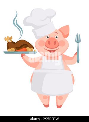Pig with cooked dish served on plate, roasted chicken with sauce vector. Pig symbol of 2019 year holding meat and vegetables meal. Poultry and boiled carrot, veggies, healthy food and ingredients. Pig with cooked dish served on plate, roasted chicken Stock Vector