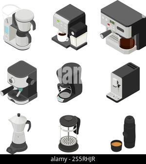 Coffee maker icons set. Isometric set of coffee maker vector icons for web design isolated on white background. Coffee maker icons set, isometric style Stock Vector